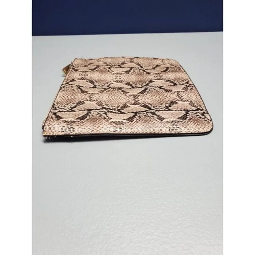 Makeup Pencil Bag Pink Brown Snake Print Leather‎ Zip Pouch Single Compartment